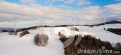 Banner of wind farm or wind park, with high wind turbines for generation electricity Stock Photo