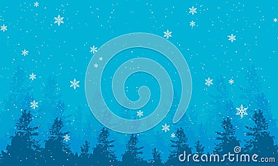 Banner of winter evening landscape with snowfall and tops of fir trees Vector Illustration