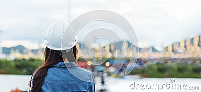 Banner Woman engineer entrepreneur constrcution industry worker. Panoramic Female engineer working refinery oil plant Stock Photo