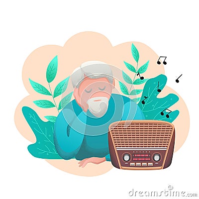 Banner world flat day radio. A old man listens to the radio in nature. Vector Illustration