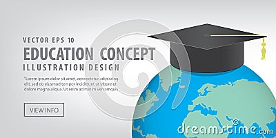 Banner World with a Graduation hat on top. Means education is re Vector Illustration