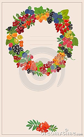 Banner with wreath made from different bright berries. Vector illustration. Vector Illustration