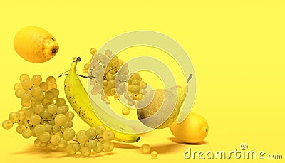 Banner with yellow fruits on a yellow background with free space for text. Composition of bunches of grapes, bananas, pears and le Stock Photo