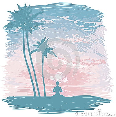 Banner for yoga and meditation practice on the beach Vector Illustration