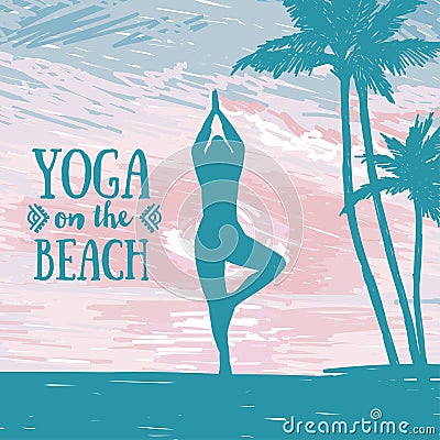 Banner for yoga and meditation practice on the beach Vector Illustration