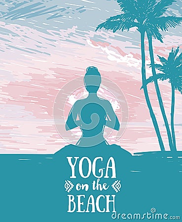 Banner for yoga and meditation practice on the beach Vector Illustration