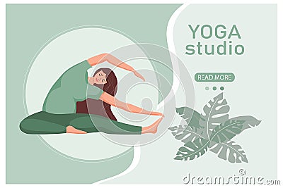 Banner Yoga Studio. Young pregnant woman in yoga pose on abstract background with tropical leaves. Green colors. Illustration Vector Illustration