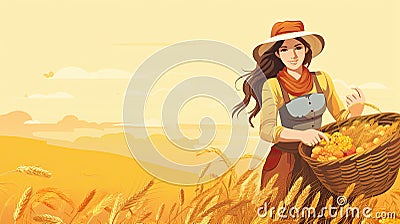 Banner with a young woman farmer with a basket of harvested crops. Can be used as an invitation card to the Harvest Festival. Stock Photo