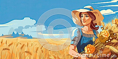 Banner with a young woman farmer with a basket of harvested crops. Can be used as an invitation card to the Harvest Festival. Stock Photo