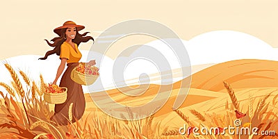 Banner with a young woman farmer with a basket of harvested crops. Can be used as an invitation card to the Harvest Festival. Stock Photo