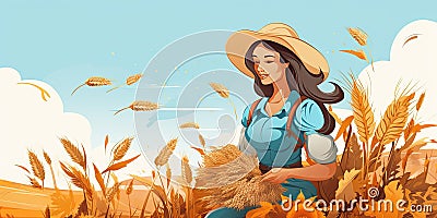 Banner with a young woman farmer with a basket of harvested crops. Can be used as an invitation card to the Harvest Festival. Stock Photo