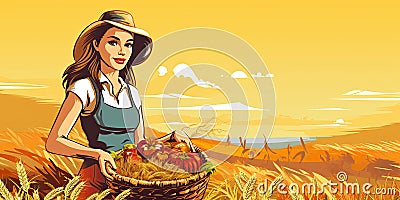 Banner with a young woman farmer with a basket of harvested crops. Can be used as an invitation card to the Harvest Festival. Stock Photo