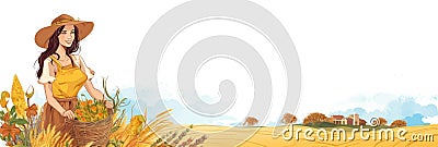 Banner with a young woman farmer with a basket of harvested crops. Can be used as an invitation card to the Harvest Festival. Stock Photo