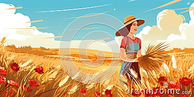 Banner with a young woman farmer with a basket of harvested crops. Can be used as an invitation card to the Harvest Festival. Stock Photo