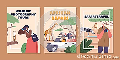 Banners with Adventurous Travelers Explore Africa On A Thrilling Safari Photography Tour, Marveling At Exotic Wildlife Vector Illustration