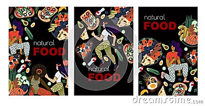 Banners or cards with healthy food and sport woman. Lifestyle for health. Vector cartoon flat illustration. Vector Illustration