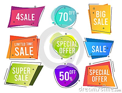 Banners. Colored shapes trendy flat promo banners price discount shopping advertizing vector elements Vector Illustration