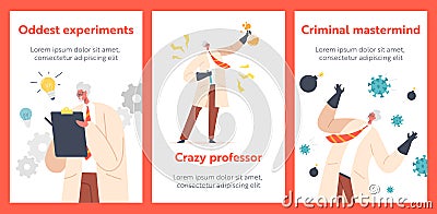 Banners with Crazy Professor Wear Lab Coat and Rubber Gloves. Nuts Doctor Character Run, Conduct Experiment Vector Illustration