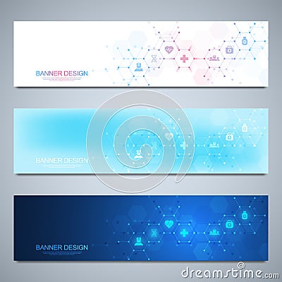 Banners design template for healthcare and medical decoration with flat icons and symbols. Science, medicine and Vector Illustration