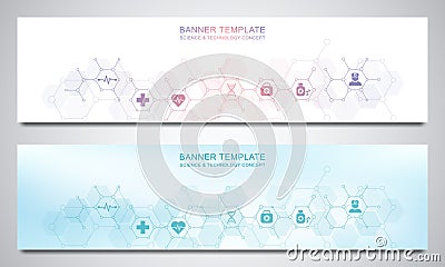 Banners design template for healthcare and medical decoration with flat icons and symbols. Science, medicine and Vector Illustration