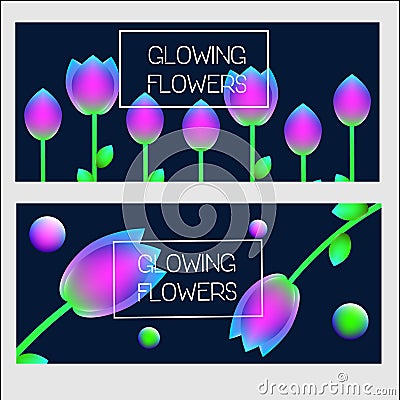 banners design template. Vector banners with neon glowing holographic flowers Vector Illustration