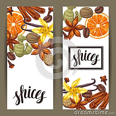 Banners design with various spices. Illustration of anise, cloves, vanilla, ginger and cinnamon Vector Illustration