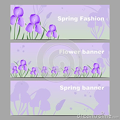 Banners with flowers irises, imitation of watercolors Vector Illustration