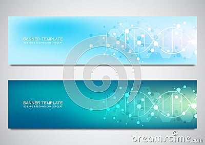 Banners and headers for site with DNA strand and molecular structure. Genetic engineering or laboratory research Vector Illustration