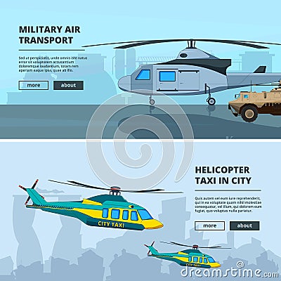 Banners with helicopters. Design template of horizontal banners with pictures of helicopters Vector Illustration