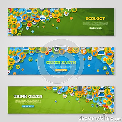 Banners with Icons of Ecology, Environment, Green Vector Illustration