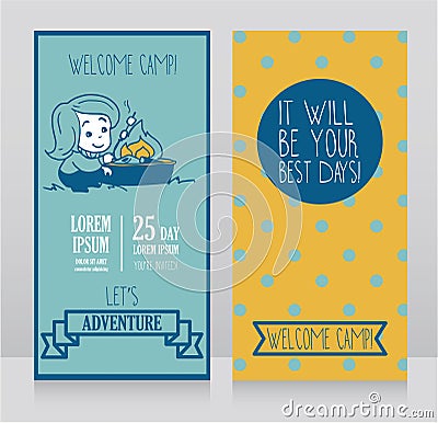 Banners for kids touristic camp with cute cartoon girl cooking marshmallow Vector Illustration