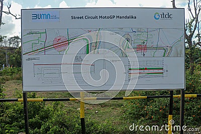 Banners with a plan of the area and the racing circuit. Construction of a complex on the Motogp Mandalika circuit, West Nusa Editorial Stock Photo