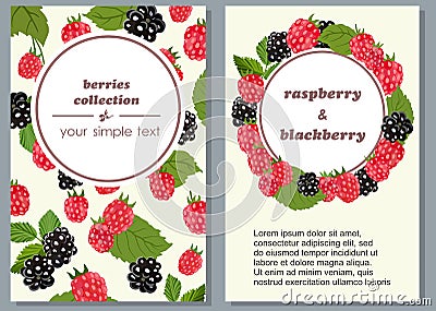 Banners with ripe fruits of raspberries and blueberries. Vector illustration. Vector Illustration