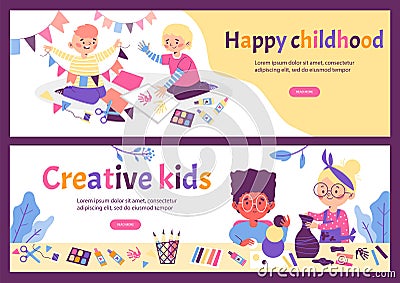 Banners set with creative happy children doing crafts flat vector illustration. Vector Illustration