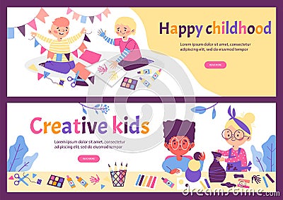 Banners set with creative happy children doing crafts flat vector illustration. Cartoon Illustration