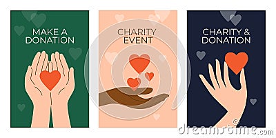 Banners set of donation, charity event, helping hand with vector illustration of diversity human hands give or take heart shapes Vector Illustration