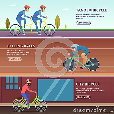 Banners set with horizontal illustrations of various cyclists Vector Illustration