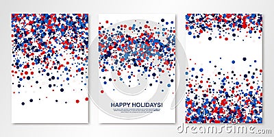 Banners set with red, white, blue confetti on white. Vector flyer design templates. All layered and isolated Vector Illustration