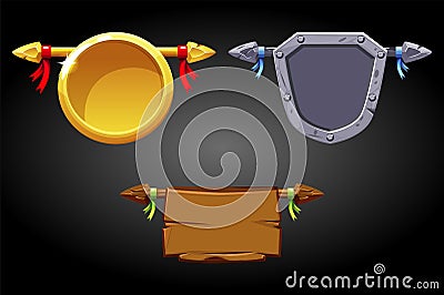 Banners templates, wooden gold metal shields for games. Vector Illustration