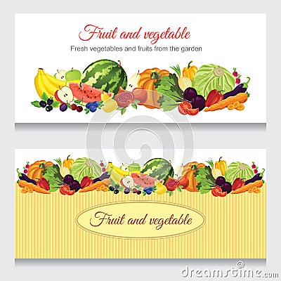 Banners with various fruit, berry and vegetables. Vector Illustration