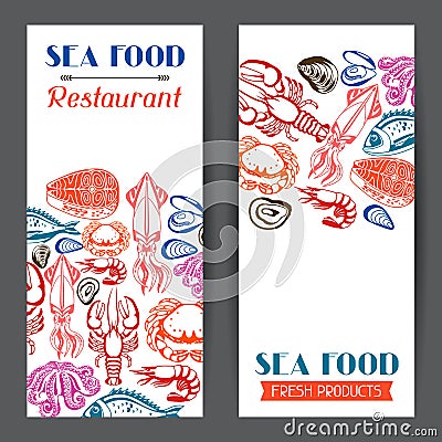 Banners with various seafood. Illustration of fish, shellfish and crustaceans Vector Illustration