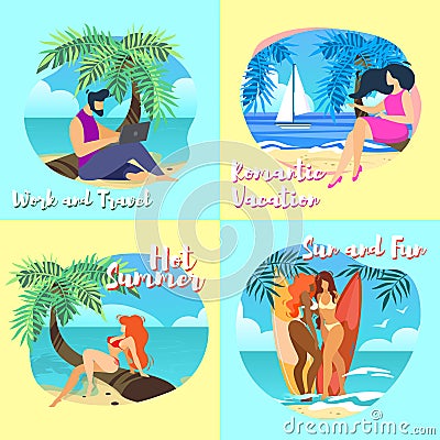 Banners Work and Travel, Hot Summer, Sun and Fun Vector Illustration