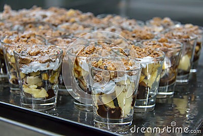 Banoffee dessert in glass on try Stock Photo