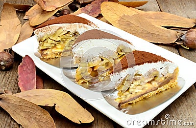 Banoffee pie on wooden table in soft light Stock Photo