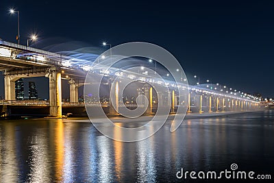 Banpo Bridge Rainbow Fountain in Seoul,South Korea. Stock Photo