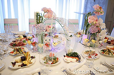 Banquet birthday table setting Stock Photo