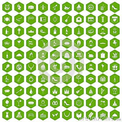 100 banquet icons hexagon green Vector Illustration