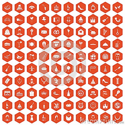 100 banquet icons hexagon orange Vector Illustration