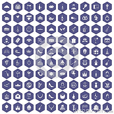 100 banquet icons hexagon purple Vector Illustration