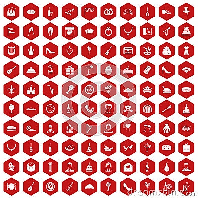 100 banquet icons hexagon red Vector Illustration